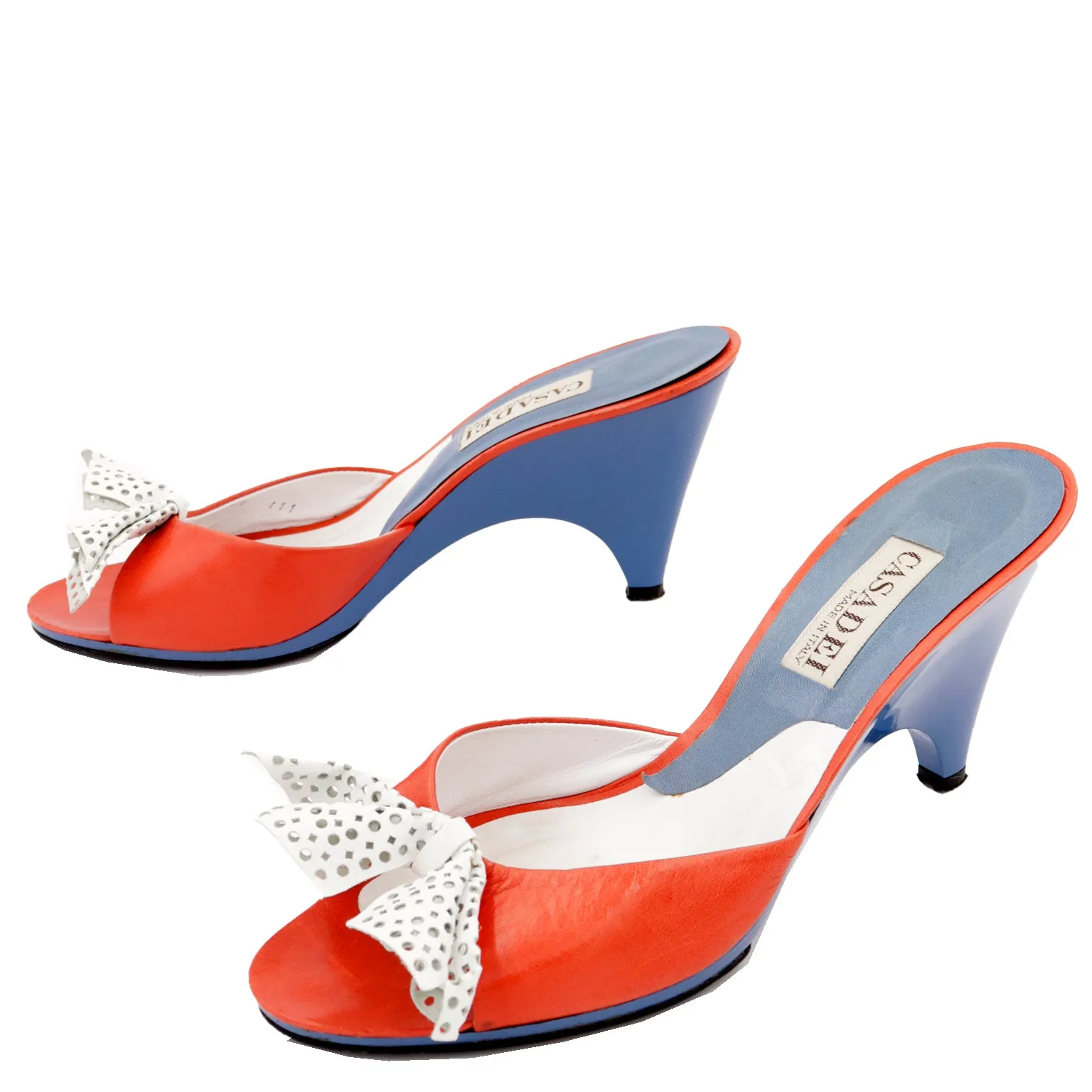 1990s Casadei Shoes Red & Blue Peep Toe Pierced Bow Slides