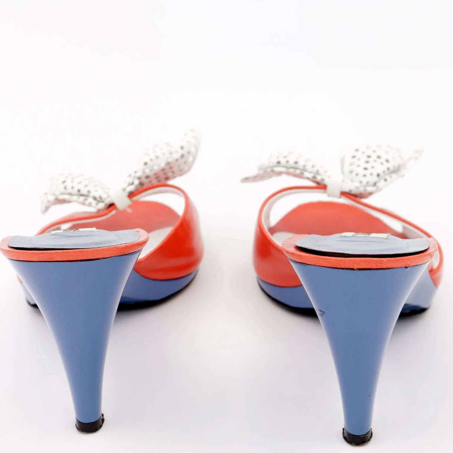 1990s Casadei Shoes Red & Blue Peep Toe Pierced Bow Slides