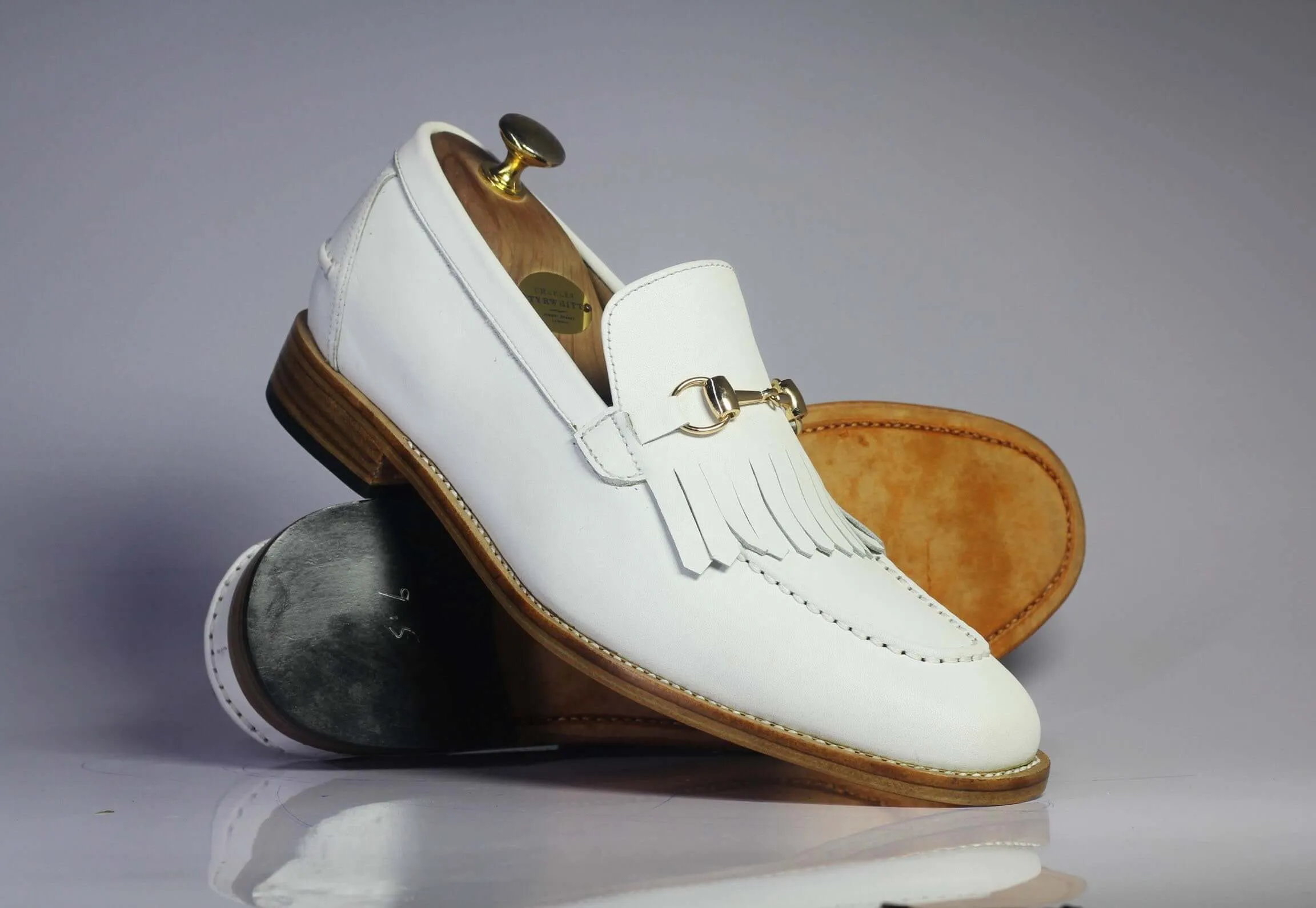 Bespoke White Leather Fringe Loafer For Men's