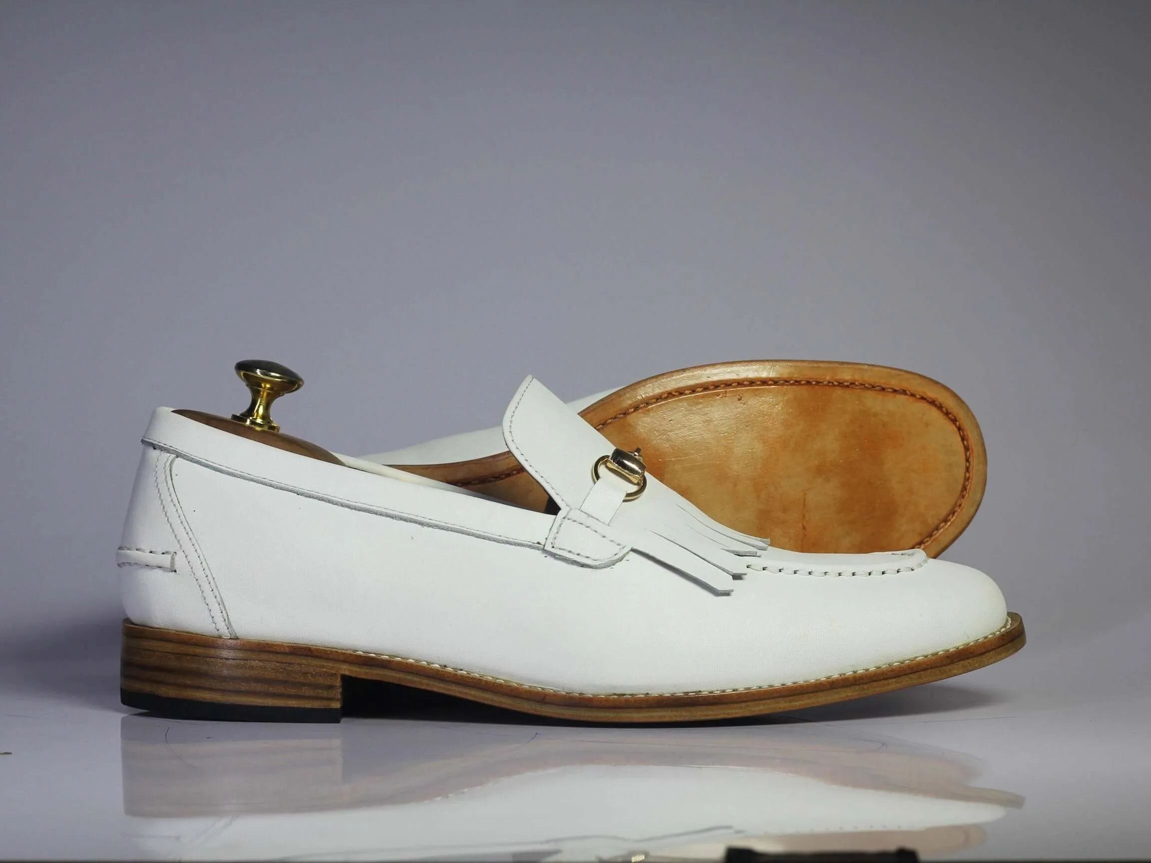 Bespoke White Leather Fringe Loafer For Men's