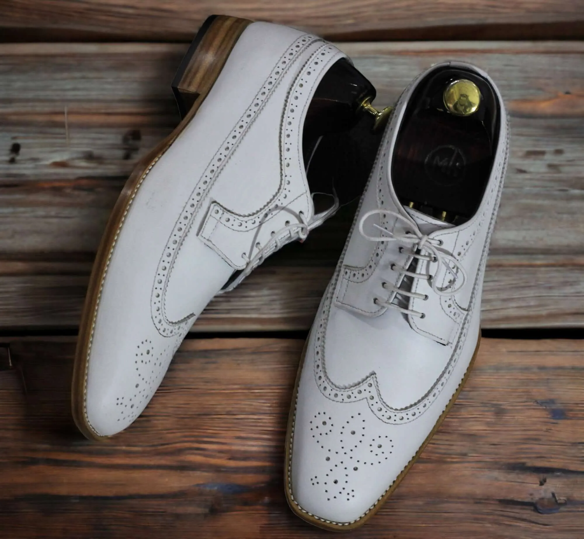 Handmade White Wing Tip Lace Up Leather Shoes, Dress Business Shoes