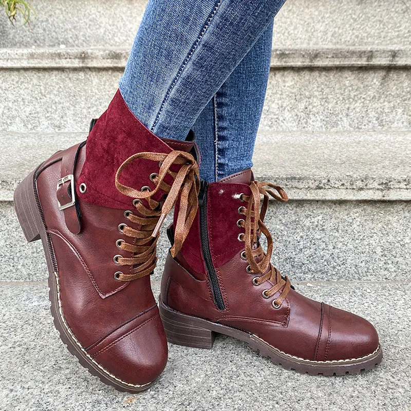 Lace-up Boots Winter Buckle Cowboy Boots Women Low Heel Shoes