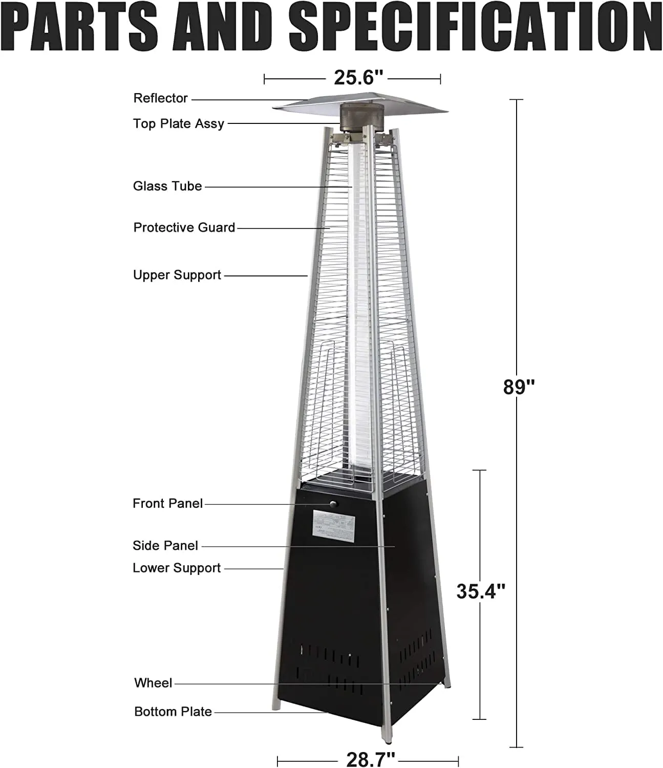 Patio Pyramid Standing 42000 BTU Propane Heater with Wheels, Stainless Steel Burner & Reflector, Silver