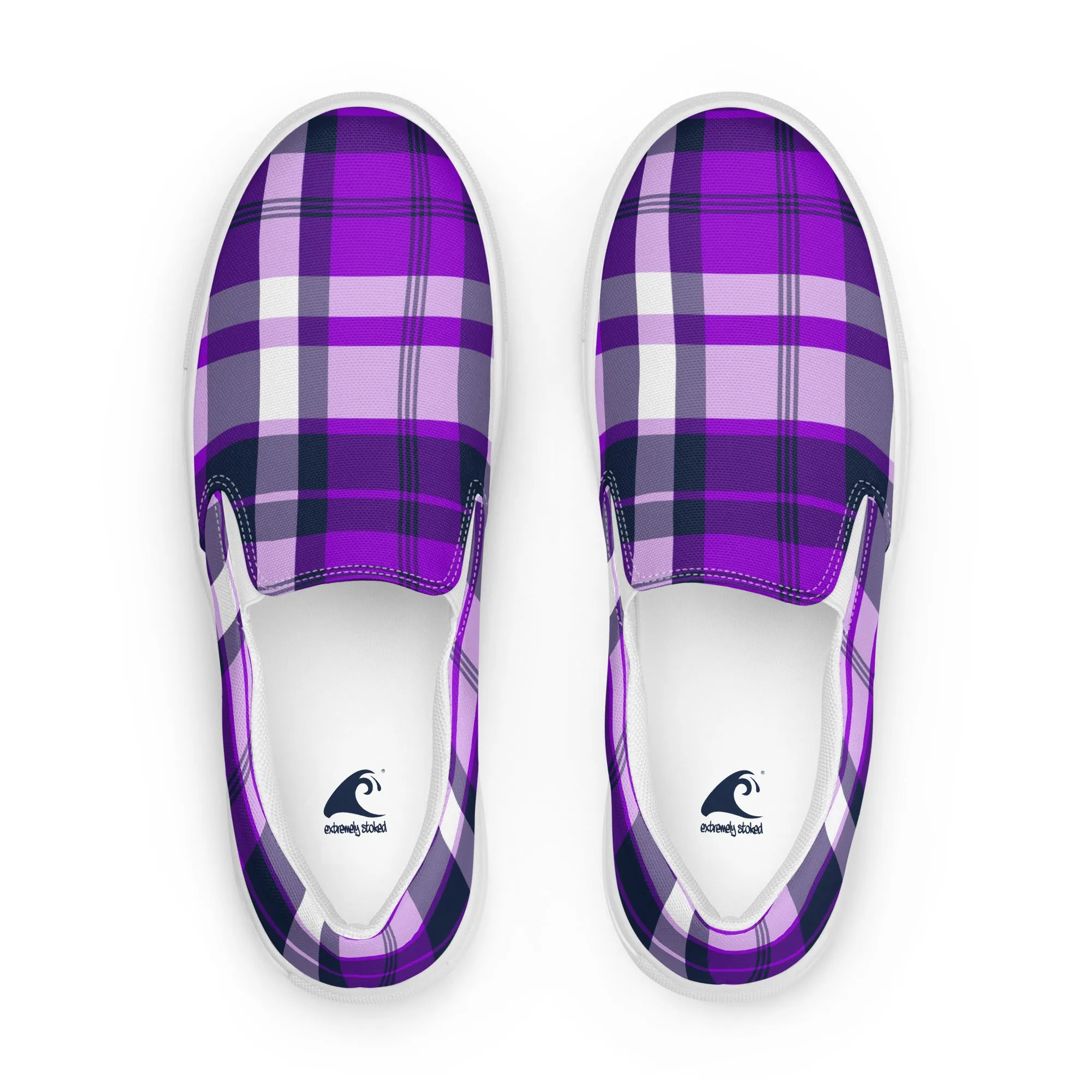 Purple and Navy Blue Preppy Surfer Plaid Women's Slip On Canvas Shoes